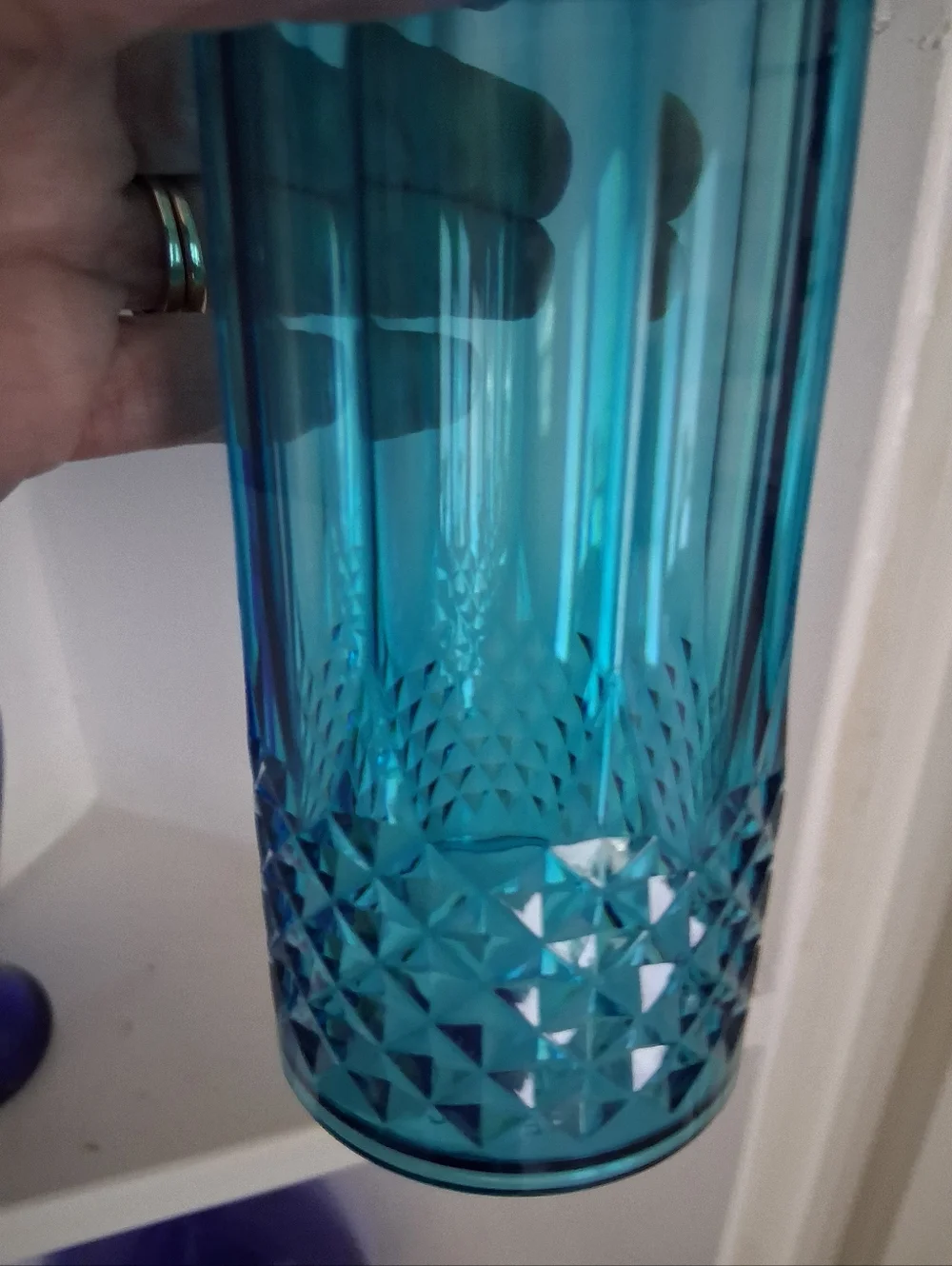 6 Transparent Crystal Cut  Highball Plastic Tumblers Set  6 Ocean Blue 14oz.